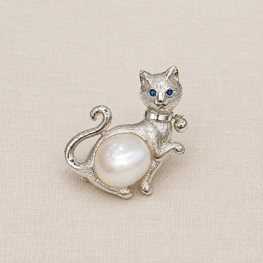 Paw-Raised Cat Convertible Brooch Pendant with Freshwater Pearl Belly