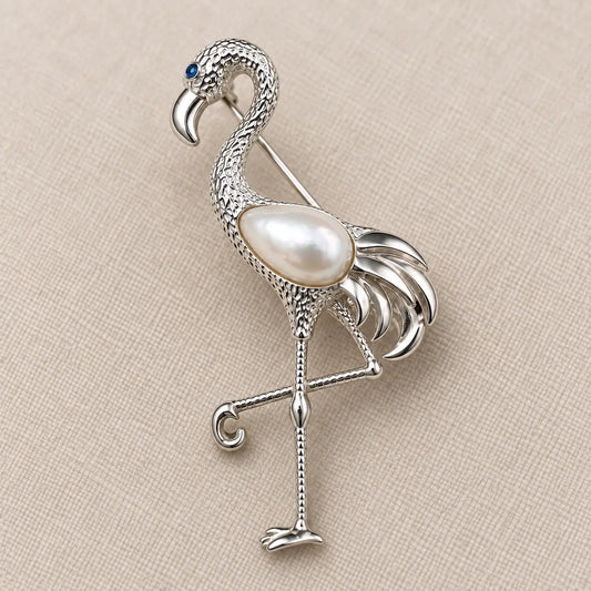Pearl Flamingo Brooch Pendant in Sterling Silver