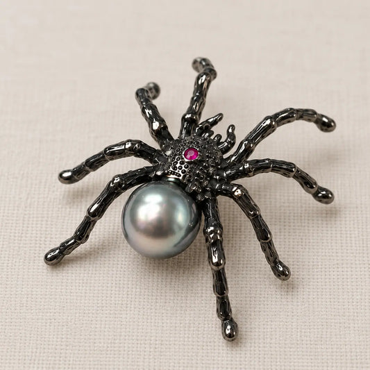 Black Pearl Spider Brooch Pendant in Sterling Silver