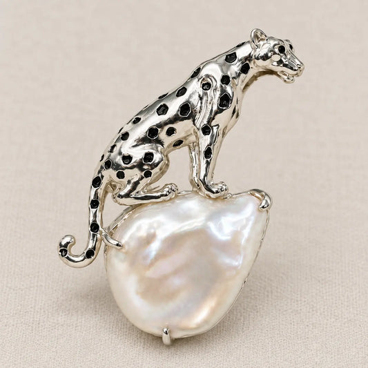 Baroque Pearl Leopard Brooch Pendant in Sterling Silver