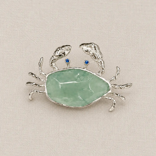 Natural Jadeite Crab Brooch Pendant in Sterling Silver