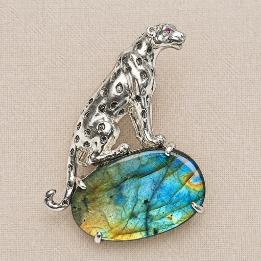 Labradorite Leopard Brooch Pendant in Sterling Silver