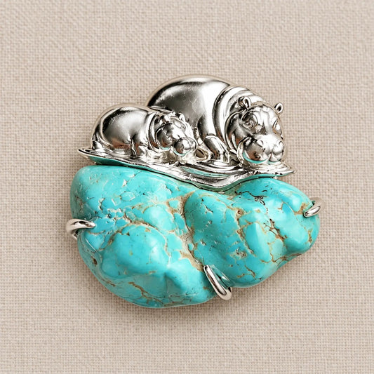 Mother & Calf Hippo Brooch with Turquoise