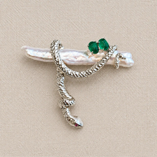 Freshwater Pearl Snake Brooch with Jade Accents