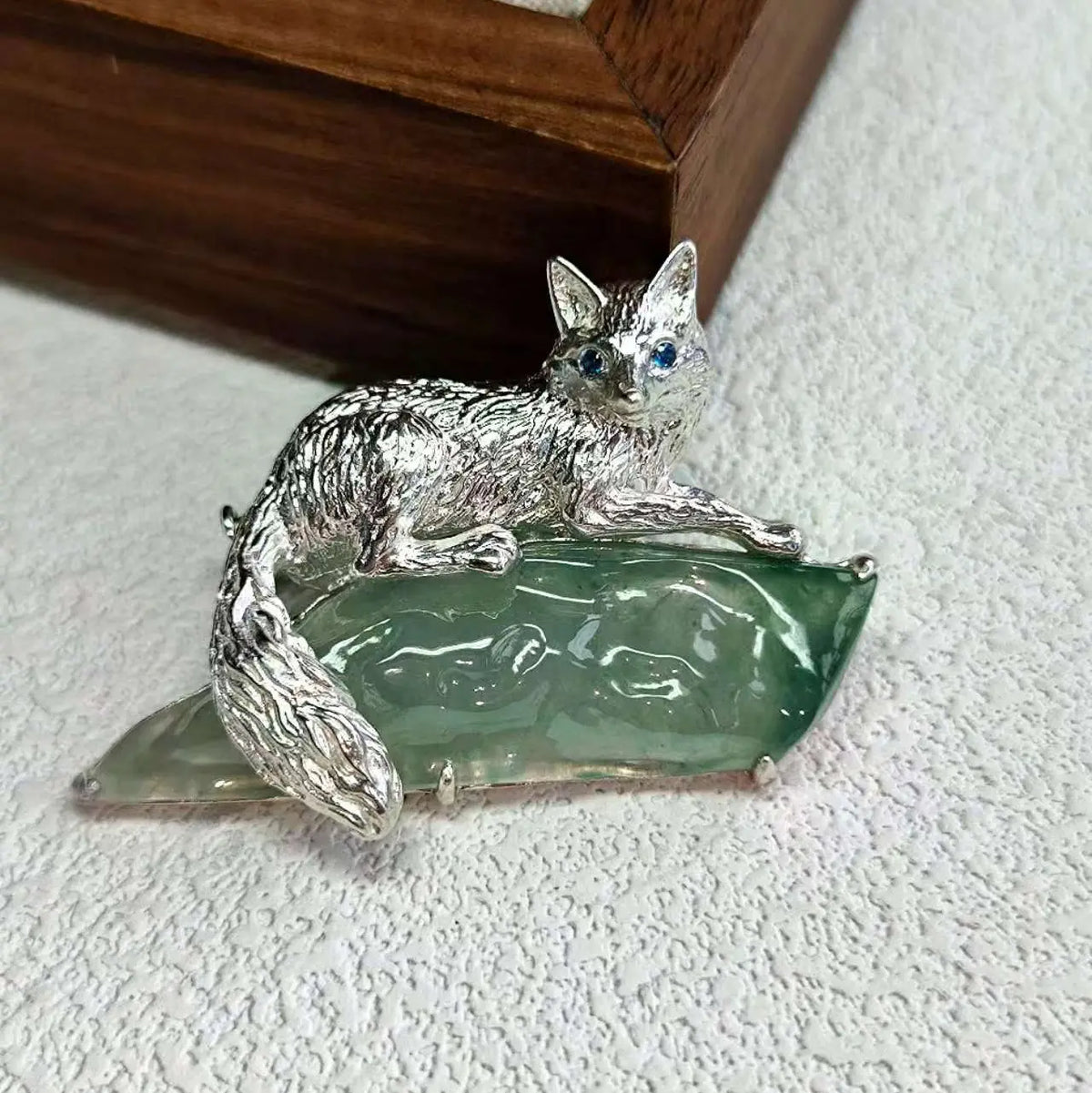 Watchful Fox Convertible Brooch Pendant with Natural Green Jadeite