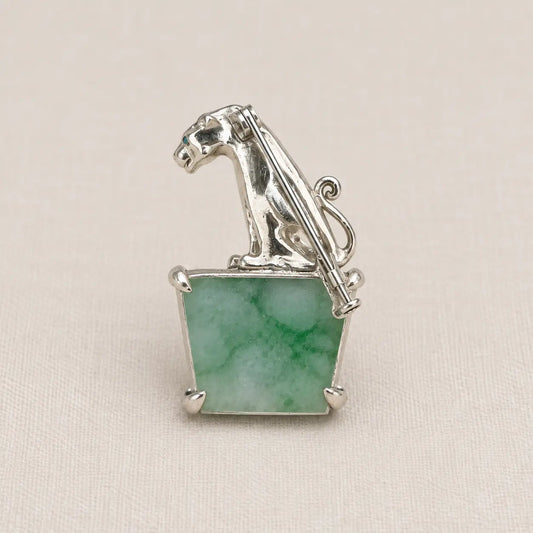 Natural Jadeite Leopard Brooch Pendant in Sterling Silver