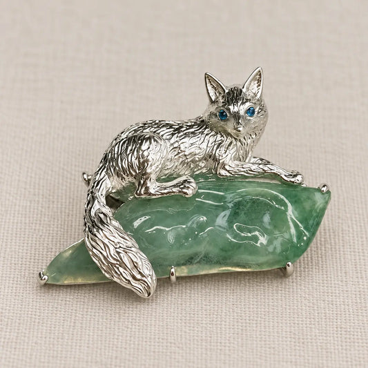 Watchful Fox Convertible Brooch Pendant with Natural Green Jadeite