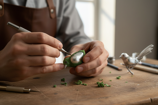 Artisan hand-carving green wax model for a HEWREN handcrafted sterling silver baroque pearl brooch