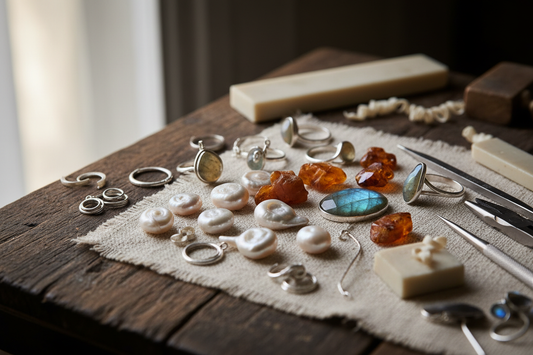 Handmade jewelry workshop with natural baroque pearls, amber, and labradorite gemstones for HEWREN artisan brooches