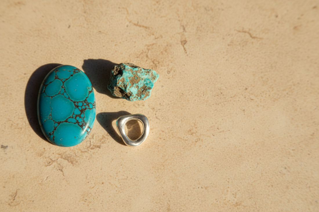 Natural sky-blue turquoise cabochon with fine golden-brown matrix set in handcrafted sterling silver for HEWREN artisan jewelry