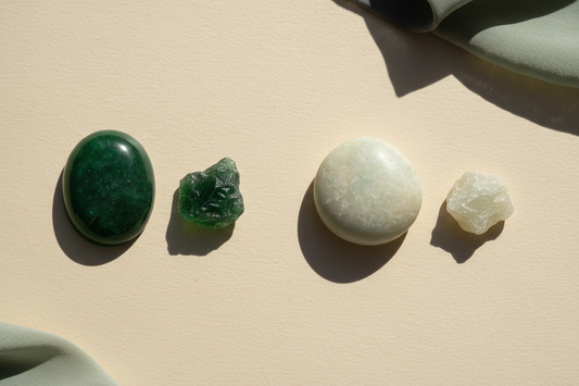 Side by side comparison of polished emerald green jadeite cabochon and soft white mutton-fat nephrite jade on travertine for HEWREN fine jewelry