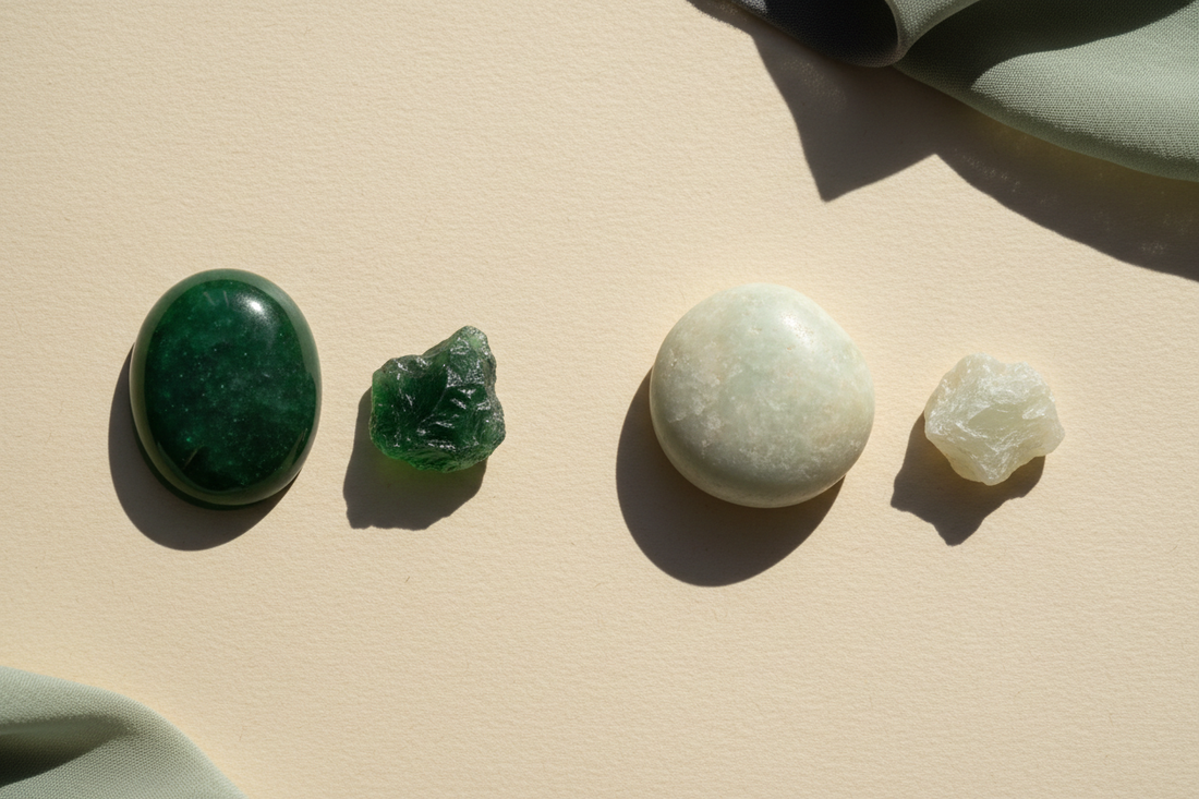 Side by side comparison of polished emerald green jadeite cabochon and soft white mutton-fat nephrite jade on travertine for HEWREN fine jewelry