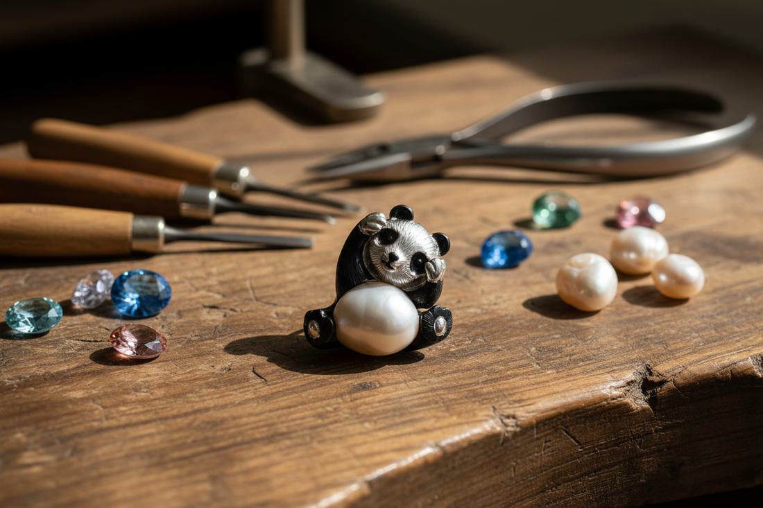 HEWREN handcrafted panda brooch with lustrous baroque pearl belly on silversmith workbench with carving tools and loose gemstones