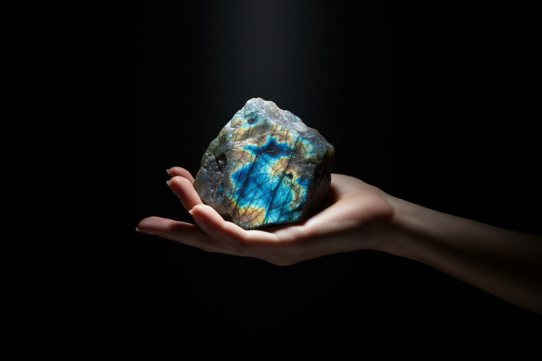Natural iridescent blue flash labradorite gemstone held in hand showing genuine labradorescence optical phenomenon for HEWREN fine jewelry