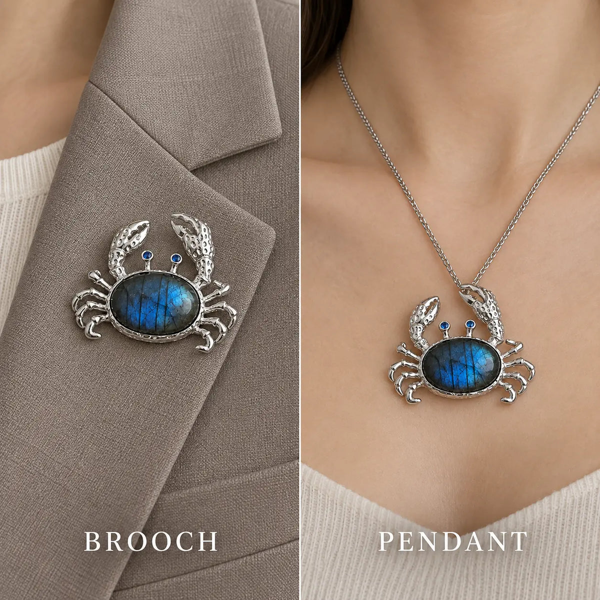 Labradorite Crab Brooch Pendant in Sterling Silver