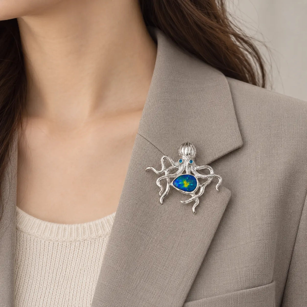Blue-Green Enamel Octopus Brooch Pendant in Sterling Silver