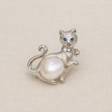 Paw-Raised Cat Convertible Brooch Pendant with Freshwater Pearl Belly
