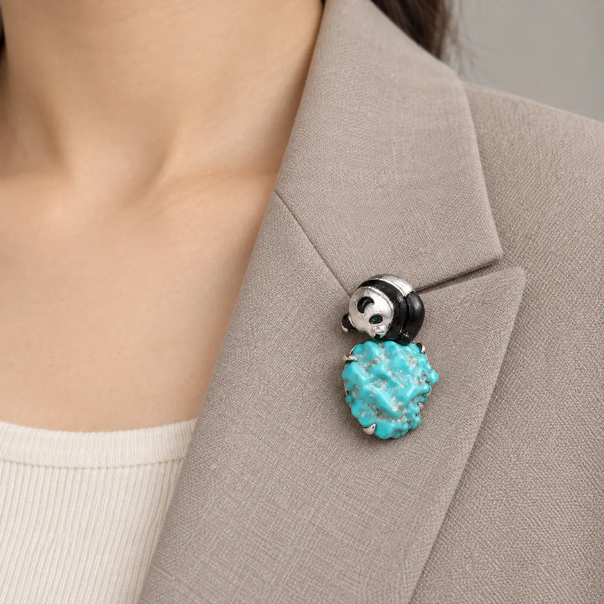 Natural Turquoise Panda Brooch Pendant in Sterling Silver