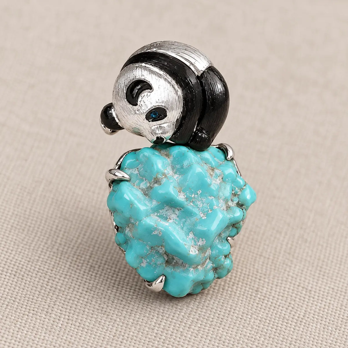 Natural Turquoise Panda Brooch Pendant in Sterling Silver
