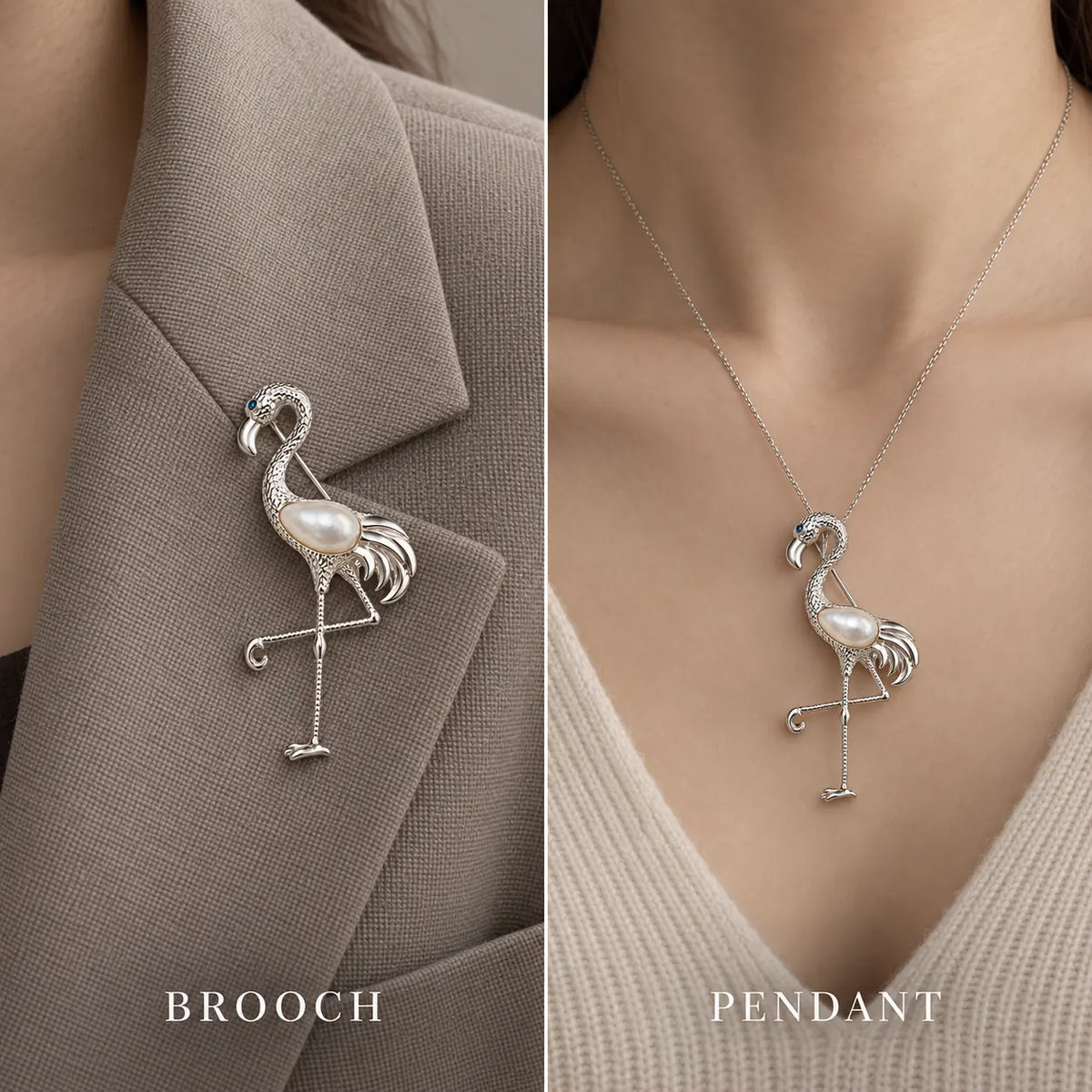 Pearl Flamingo Brooch Pendant in Sterling Silver