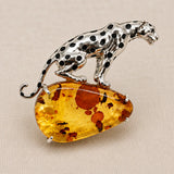 Natural Amber Leopard Brooch Pendant in Sterling Silver