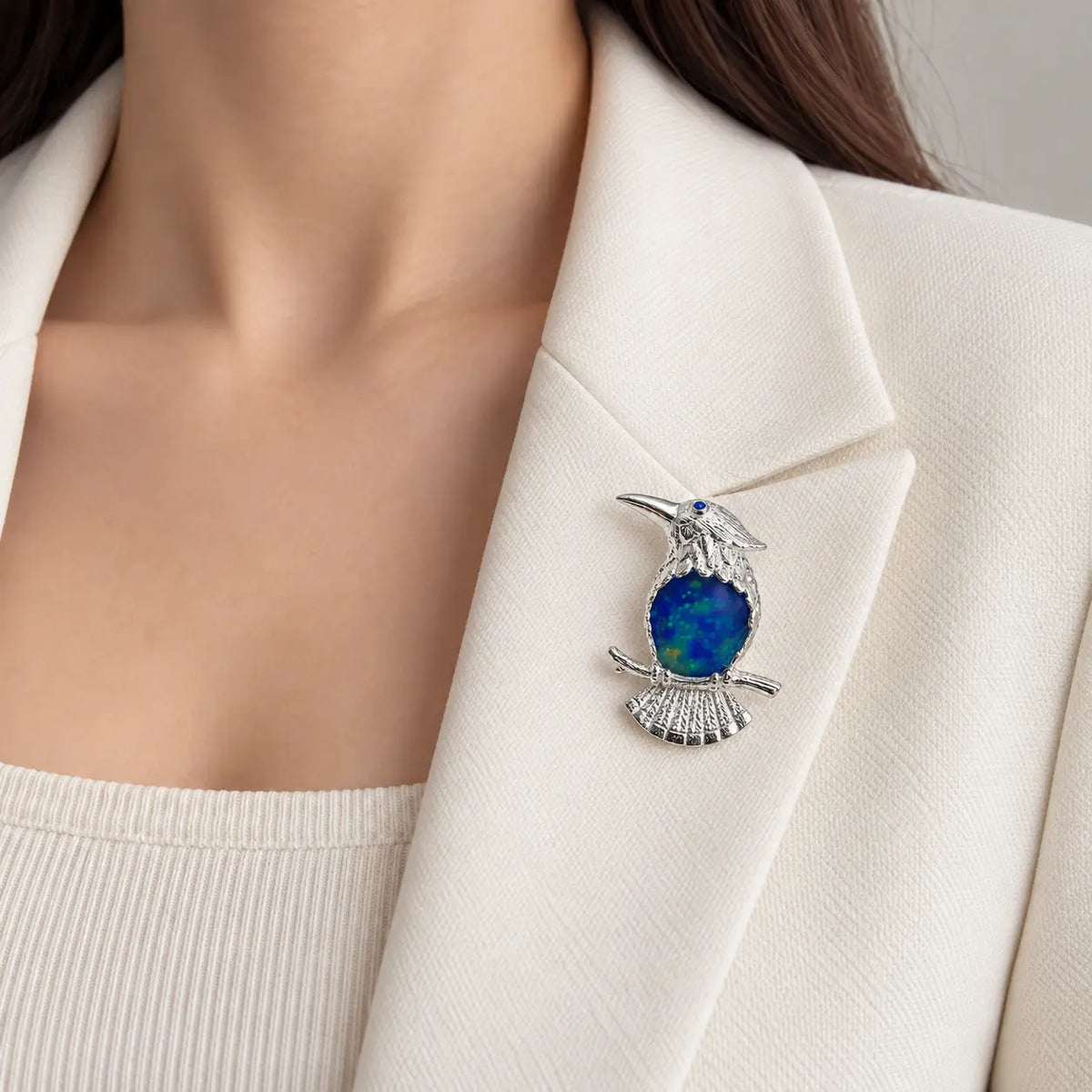 Blue Enamel Bird Brooch Pendant on Branch in Sterling Silver