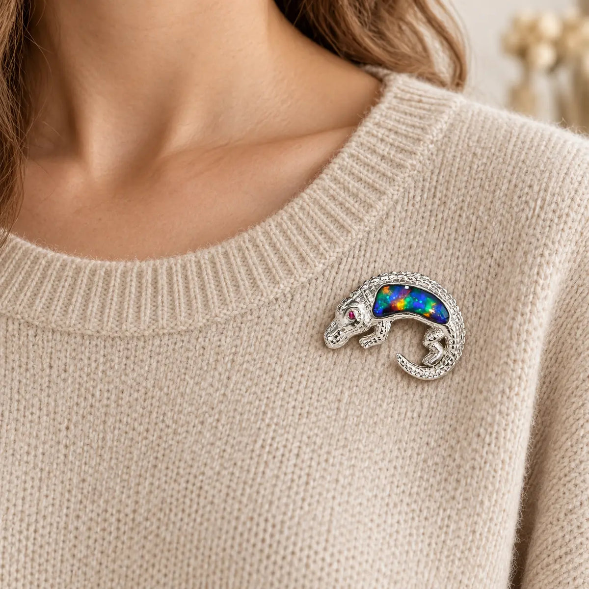 Enamel Crocodile Brooch in S925 Sterling Silver