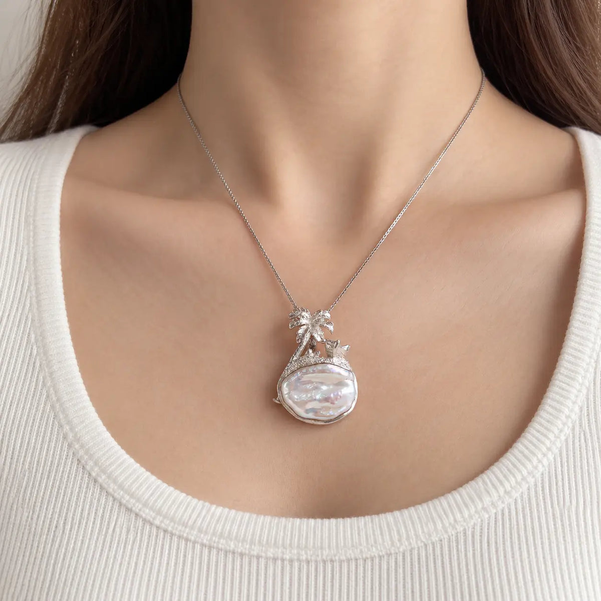 Baroque Pearl Palm Tree Brooch Pendant in Sterling Silver