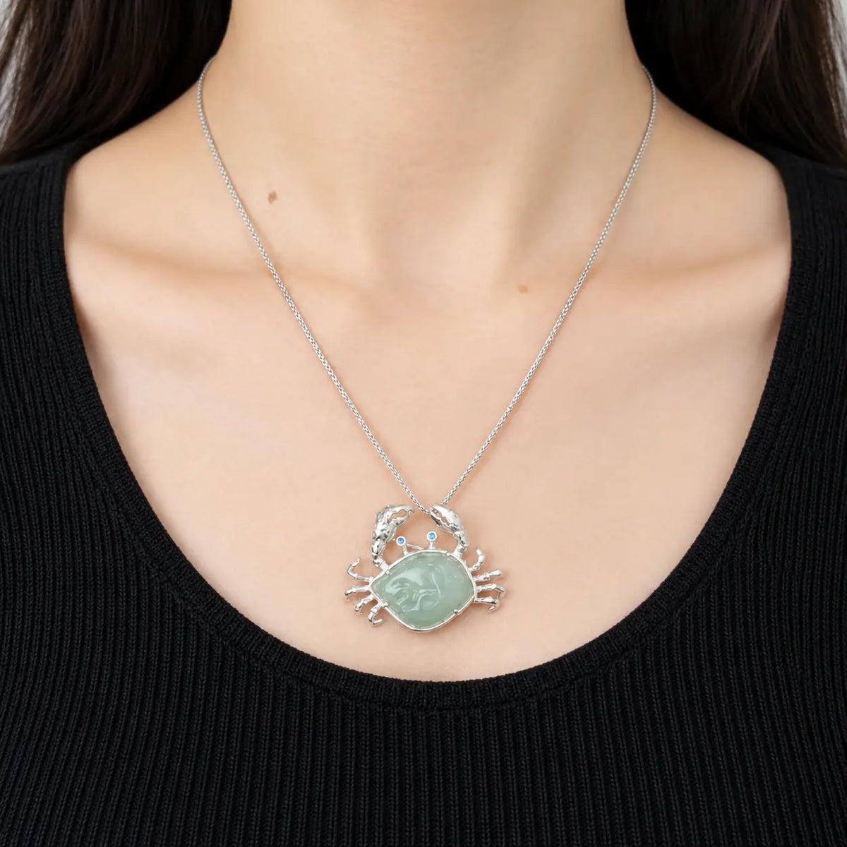 Natural Jadeite Crab Brooch Pendant in Sterling Silver