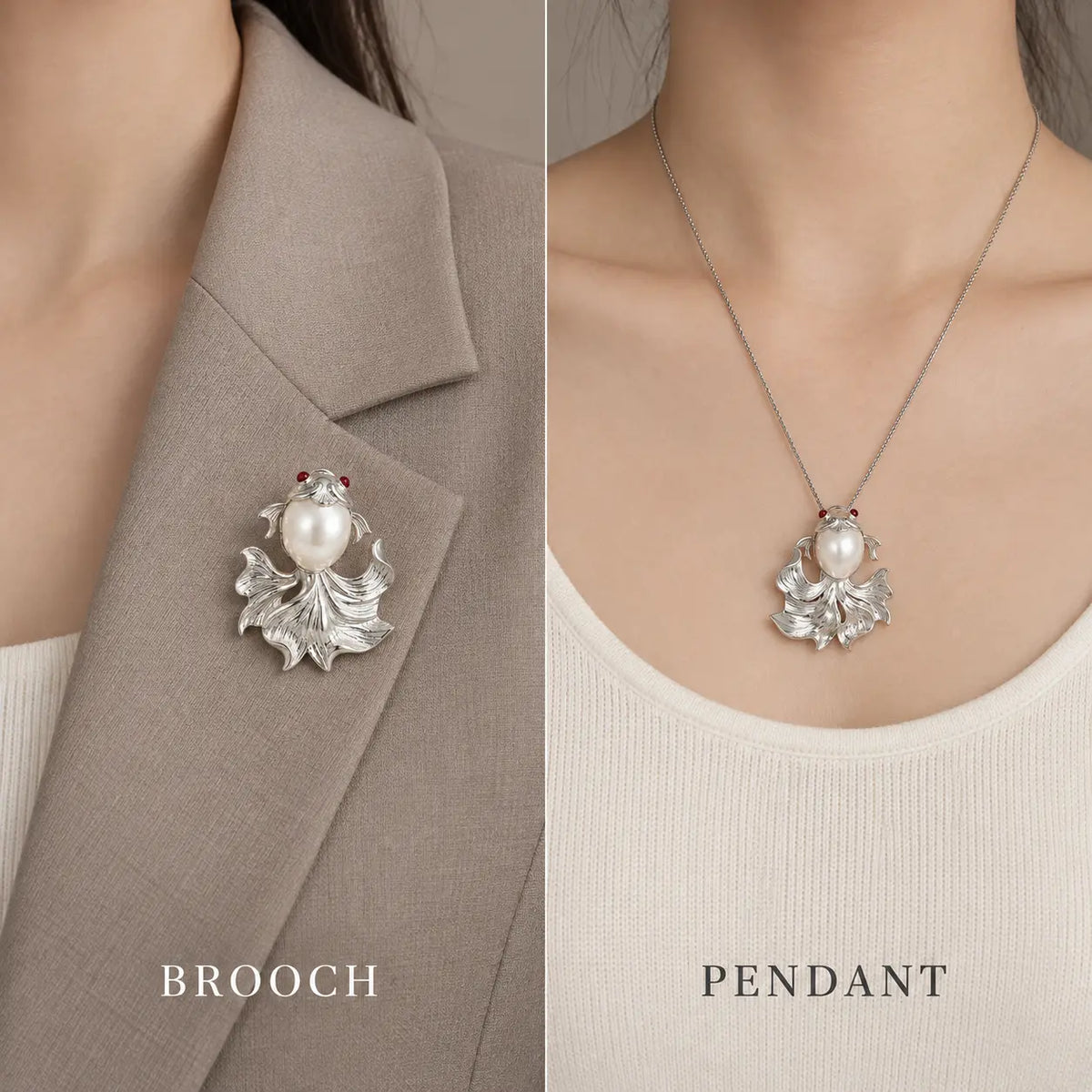 Baroque Pearl Goldfish Brooch Pendant in Sterling Silver