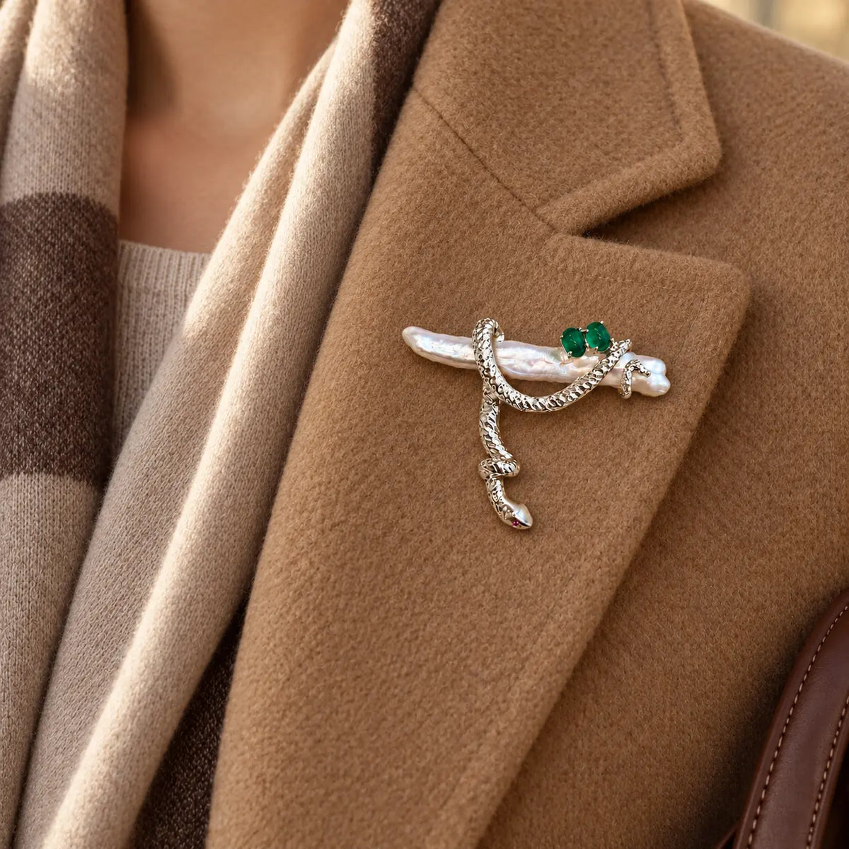 Freshwater Pearl Snake Brooch with Jade Accents