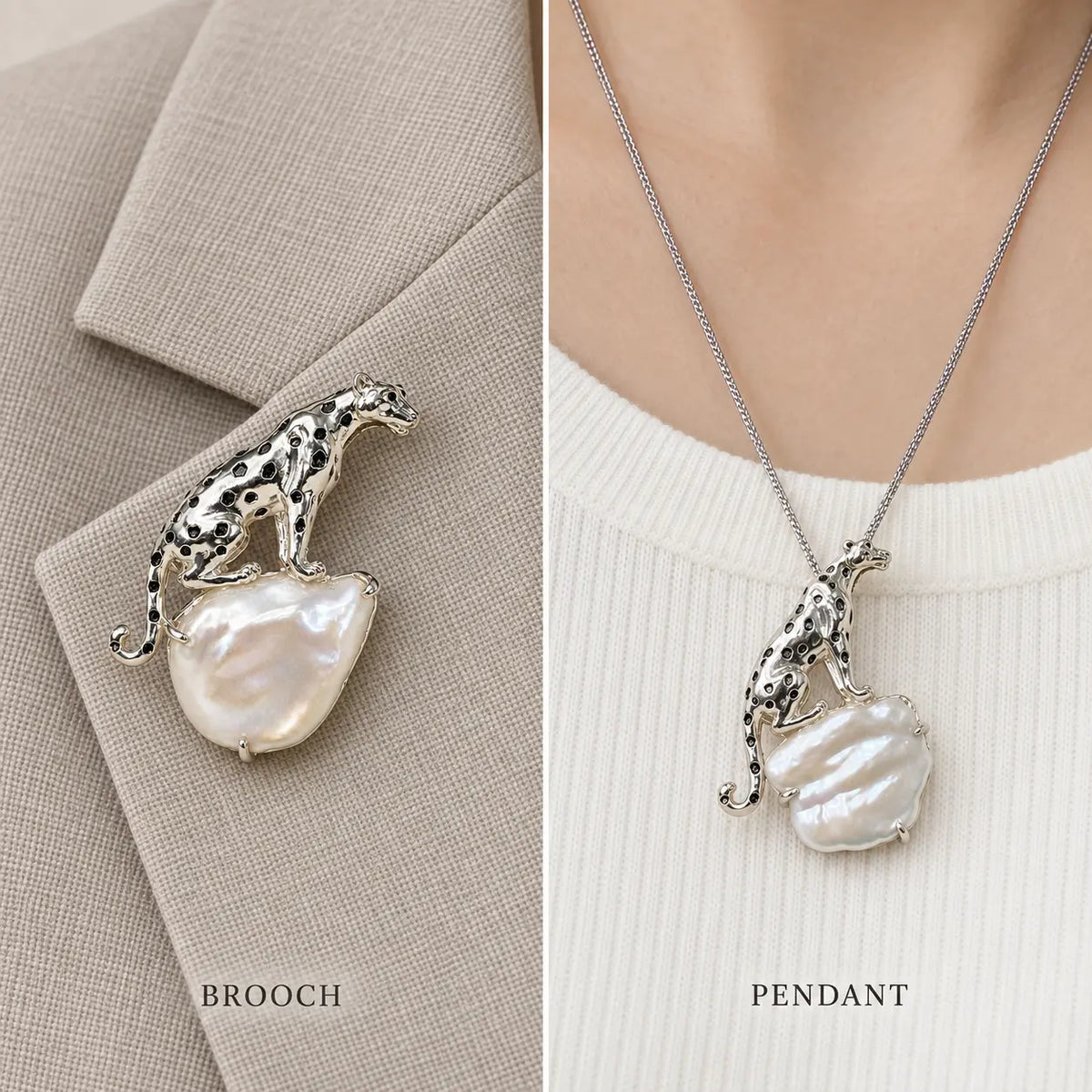 Baroque Pearl Leopard Brooch Pendant in Sterling Silver