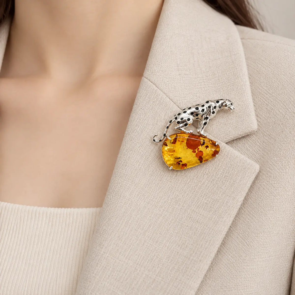 Natural Amber Leopard Brooch Pendant in Sterling Silver