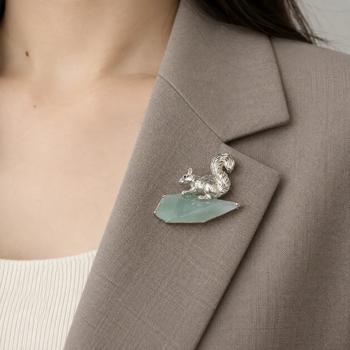 Natural Jadeite Squirrel Brooch Pendant in Sterling Silver