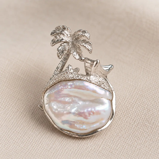 Baroque Pearl Palm Tree Brooch Pendant in Sterling Silver