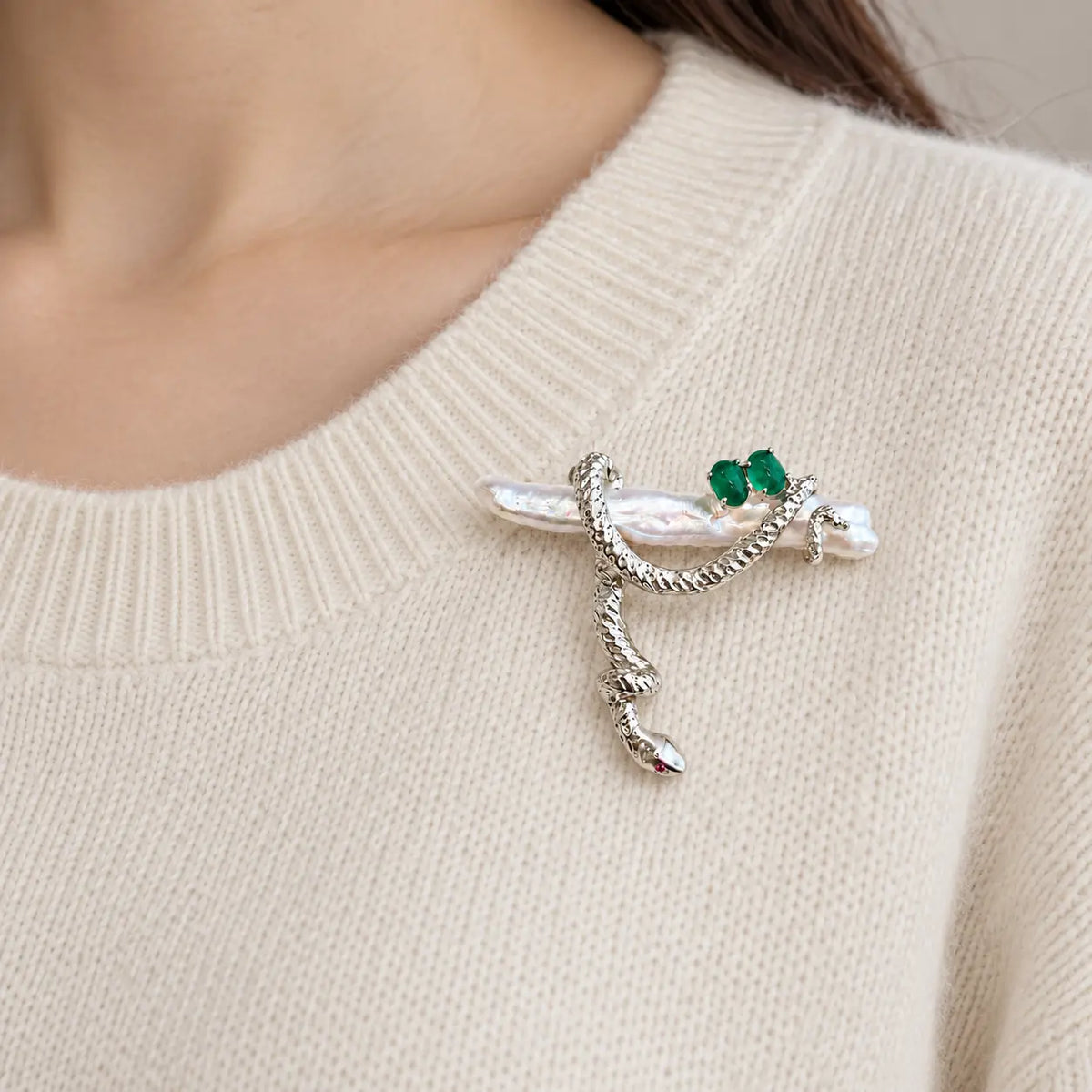 Freshwater Pearl Snake Brooch with Jade Accents