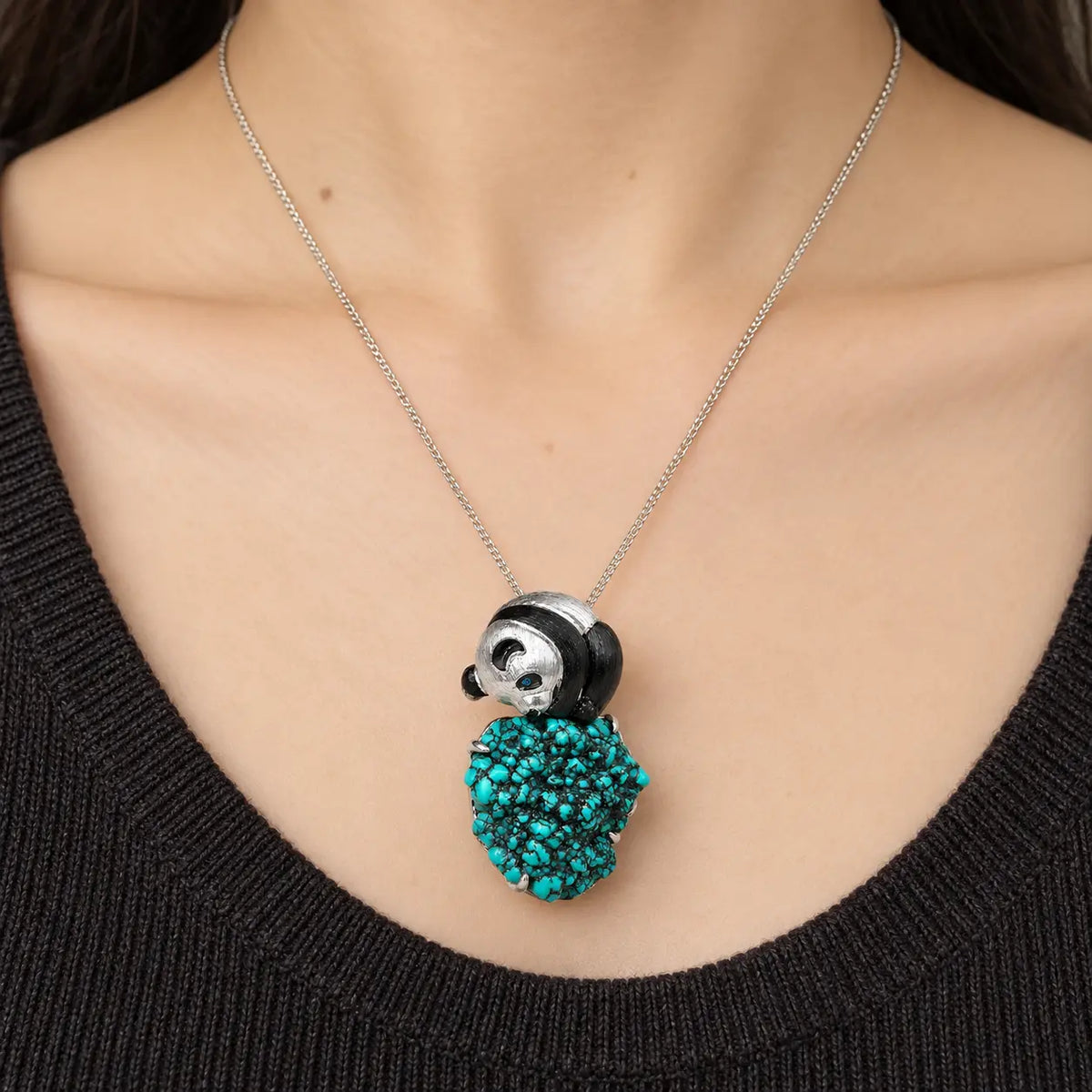 Natural Turquoise Panda Brooch Pendant in Sterling Silver