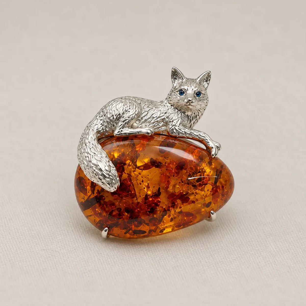 Natural Amber Fox Brooch Pendant in Sterling Silver