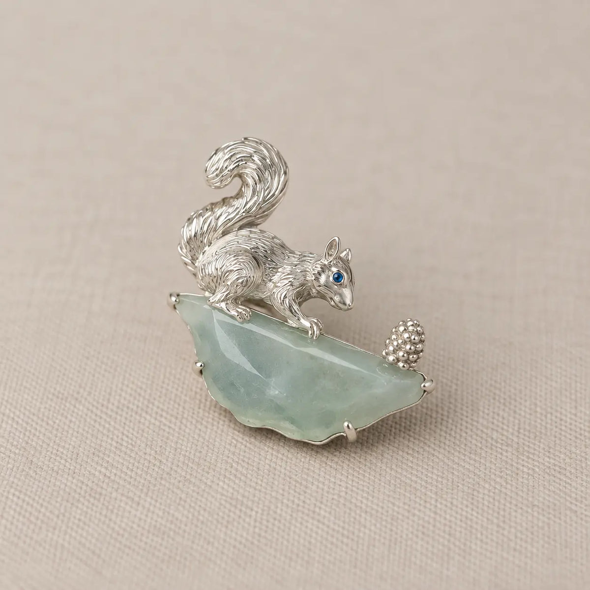 Natural Jadeite Squirrel Brooch Pendant in Sterling Silver