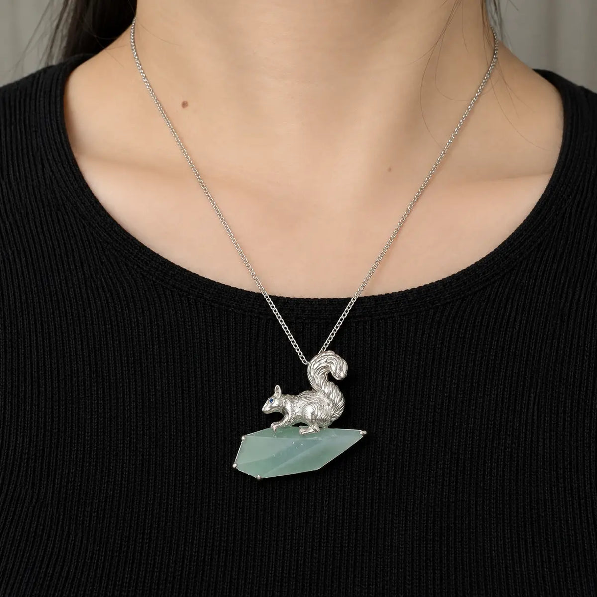 Natural Jadeite Squirrel Brooch Pendant in Sterling Silver