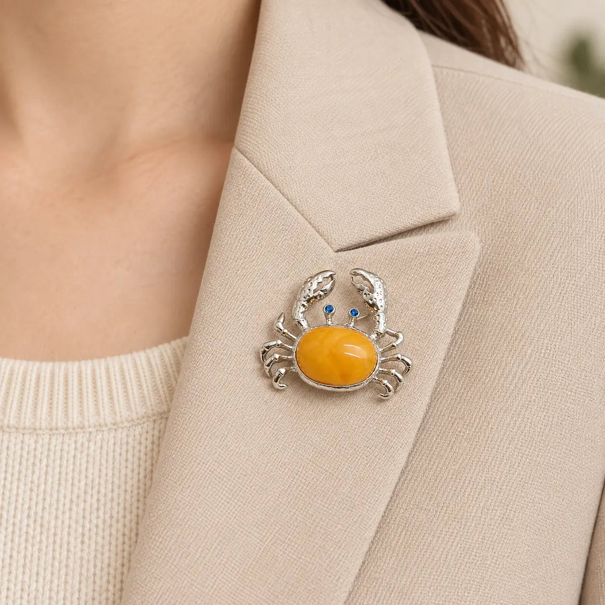 Natural Amber Crab Brooch Pendant in Sterling Silver