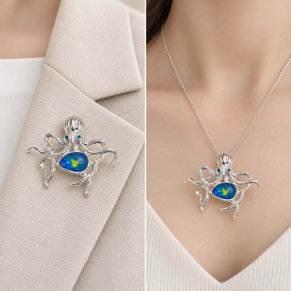 Blue-Green Enamel Octopus Brooch Pendant in Sterling Silver