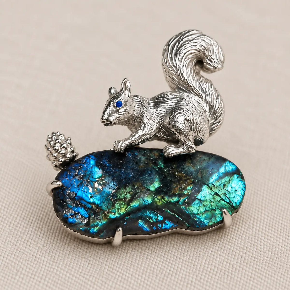 Foraging Squirrel Convertible Brooch Pendant with Labradorite
