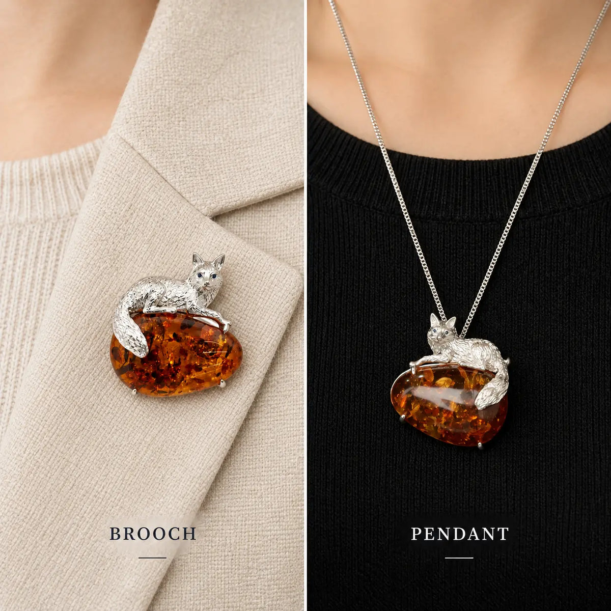 Natural Amber Fox Brooch Pendant in Sterling Silver
