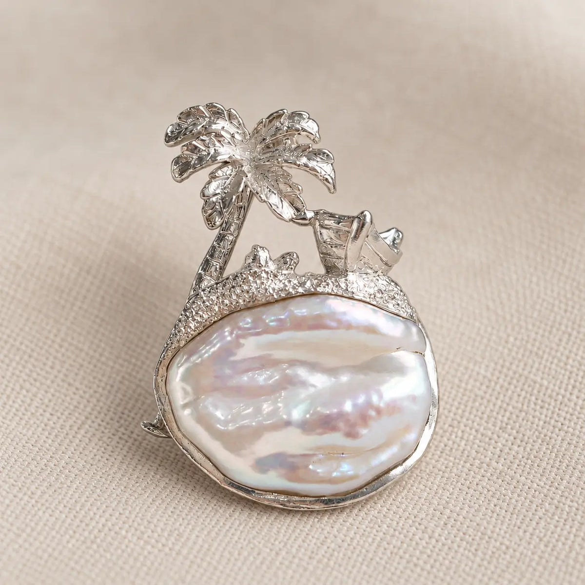 Baroque Pearl Palm Tree Brooch Pendant in Sterling Silver