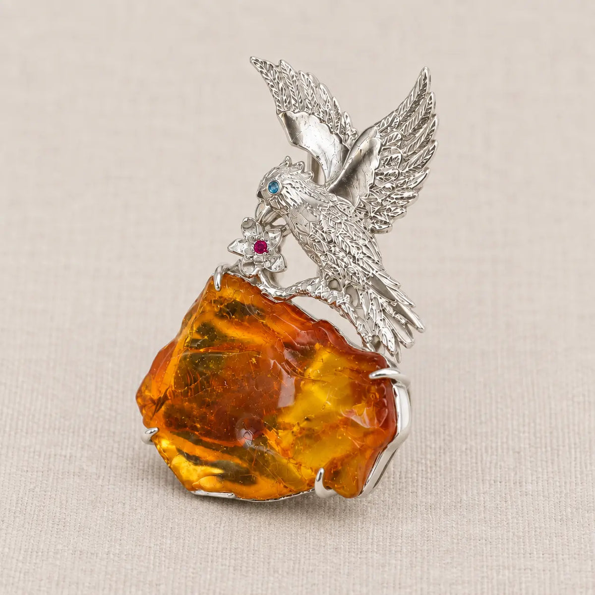 Flying Bird Brooch Pendant with Natural Amber