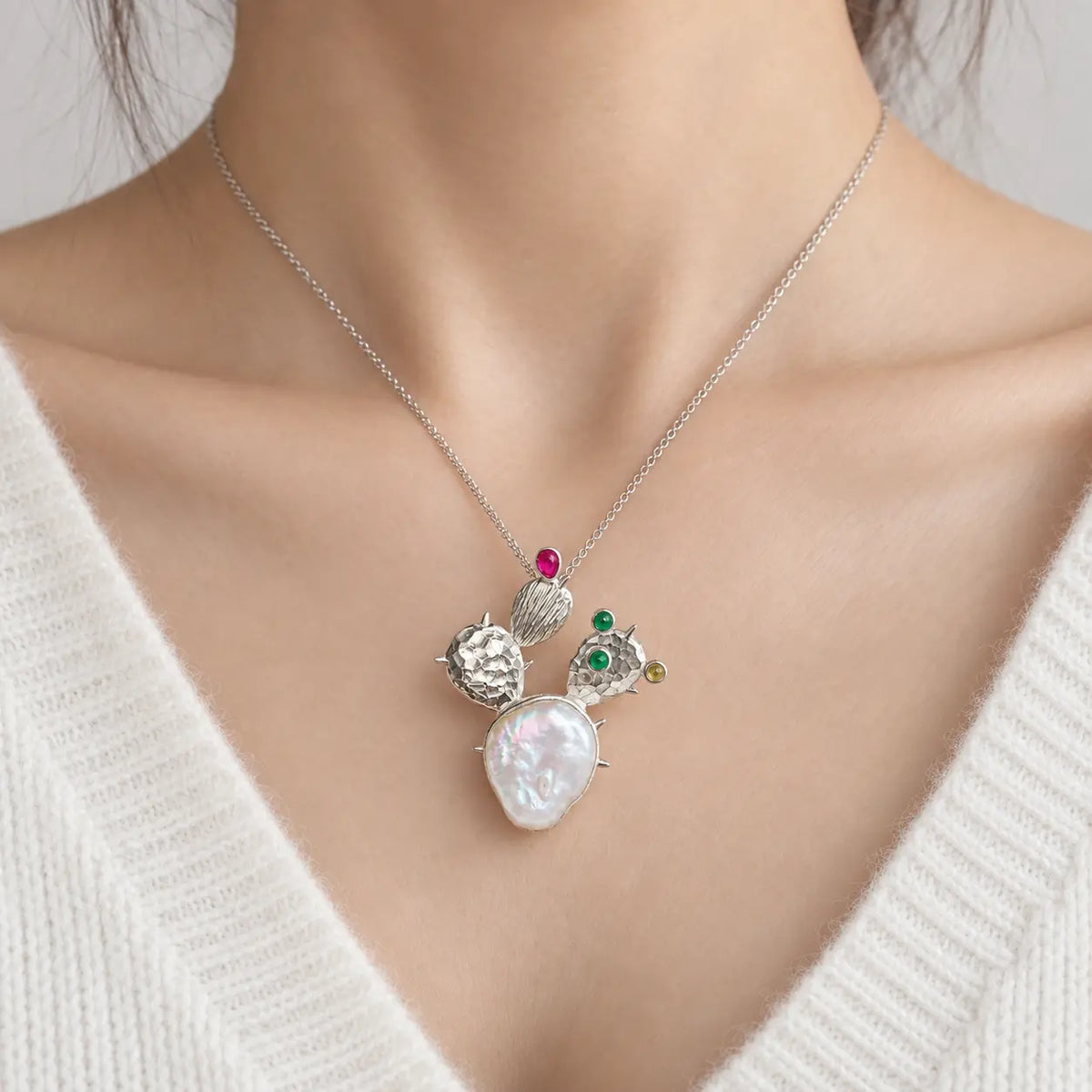 Baroque Pearl Cactus Brooch Pendant with Cubic Zirconia