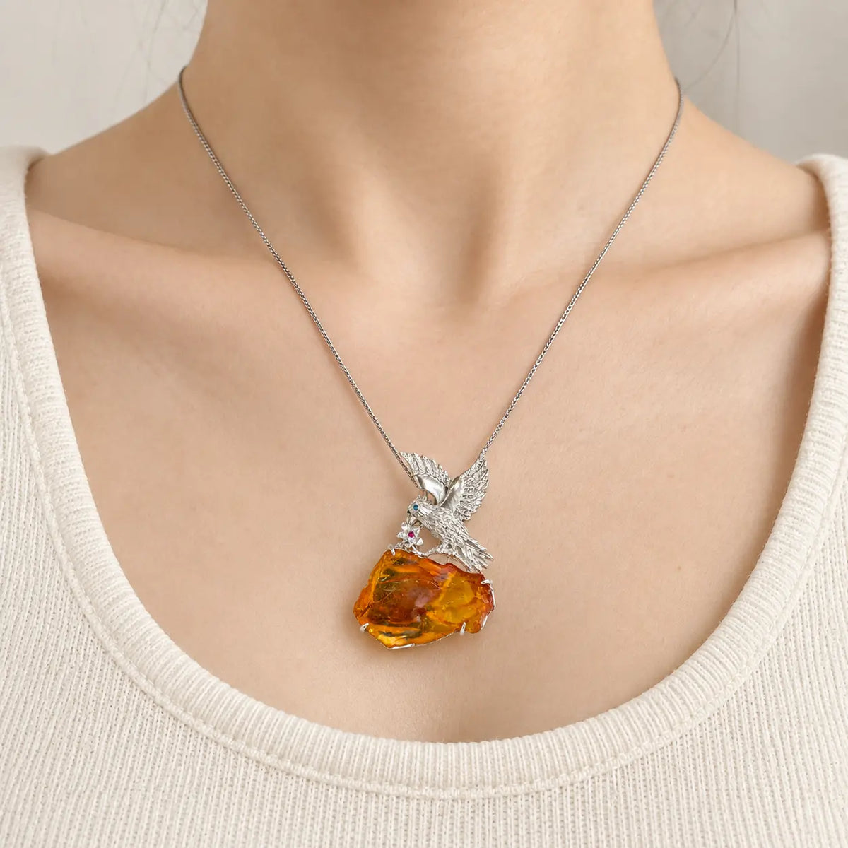 Flying Bird Brooch Pendant with Natural Amber