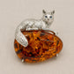 Natural Amber Fox Brooch Pendant in Sterling Silver