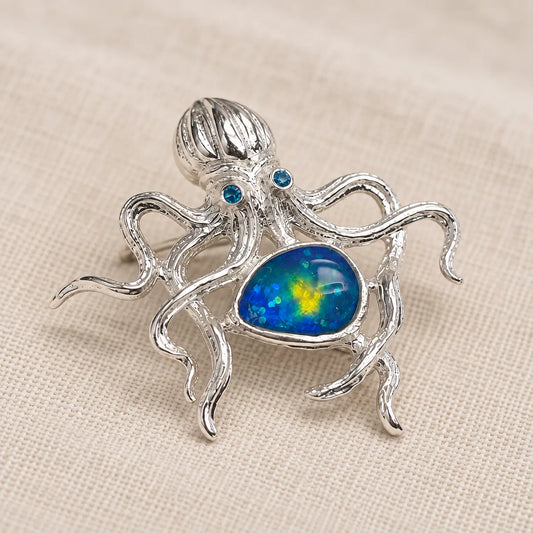 Blue-Green Enamel Octopus Brooch Pendant in Sterling Silver